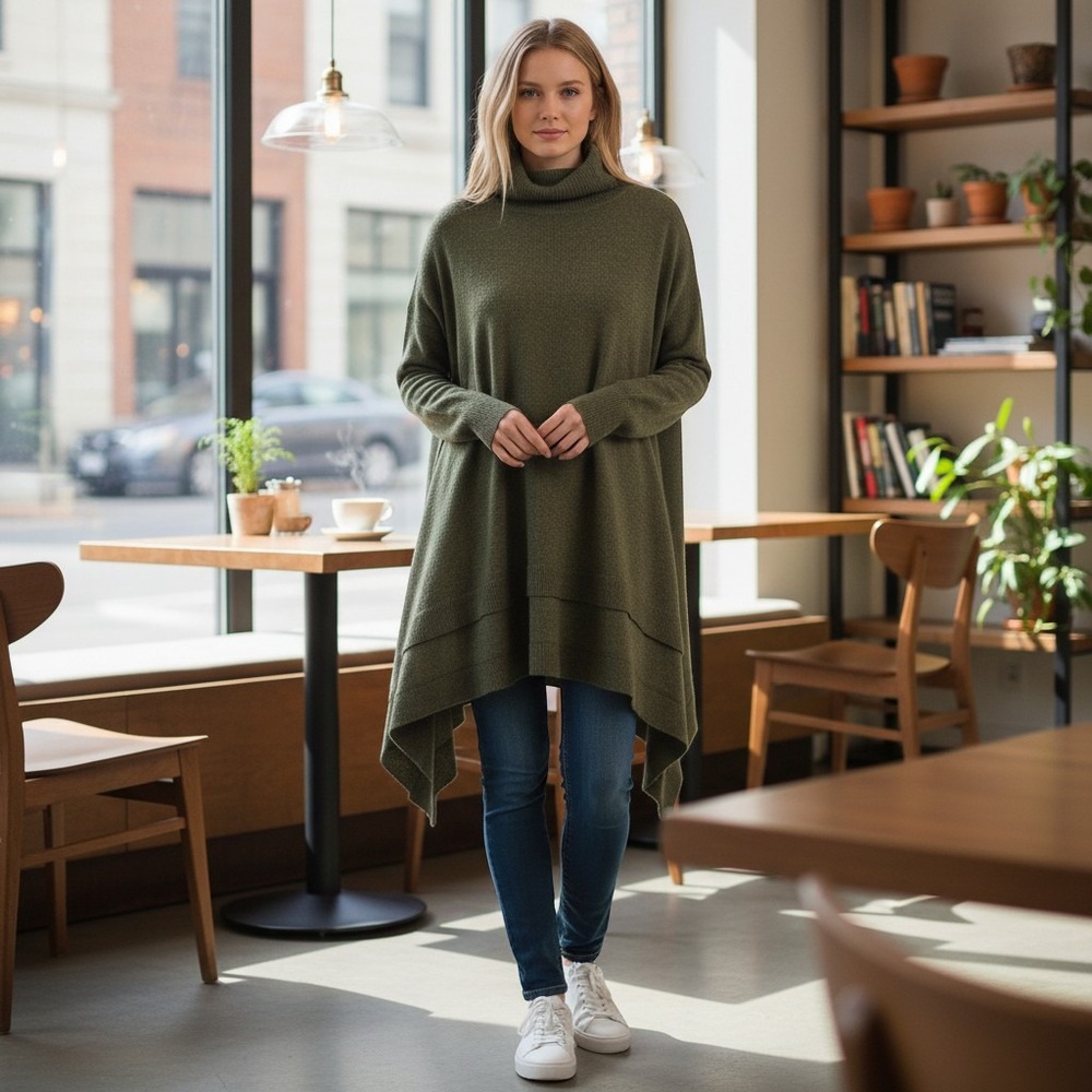 Mossimo Olive Green Turtleneck Sweater Sharkbite Hem Wool Blend Tunic XS